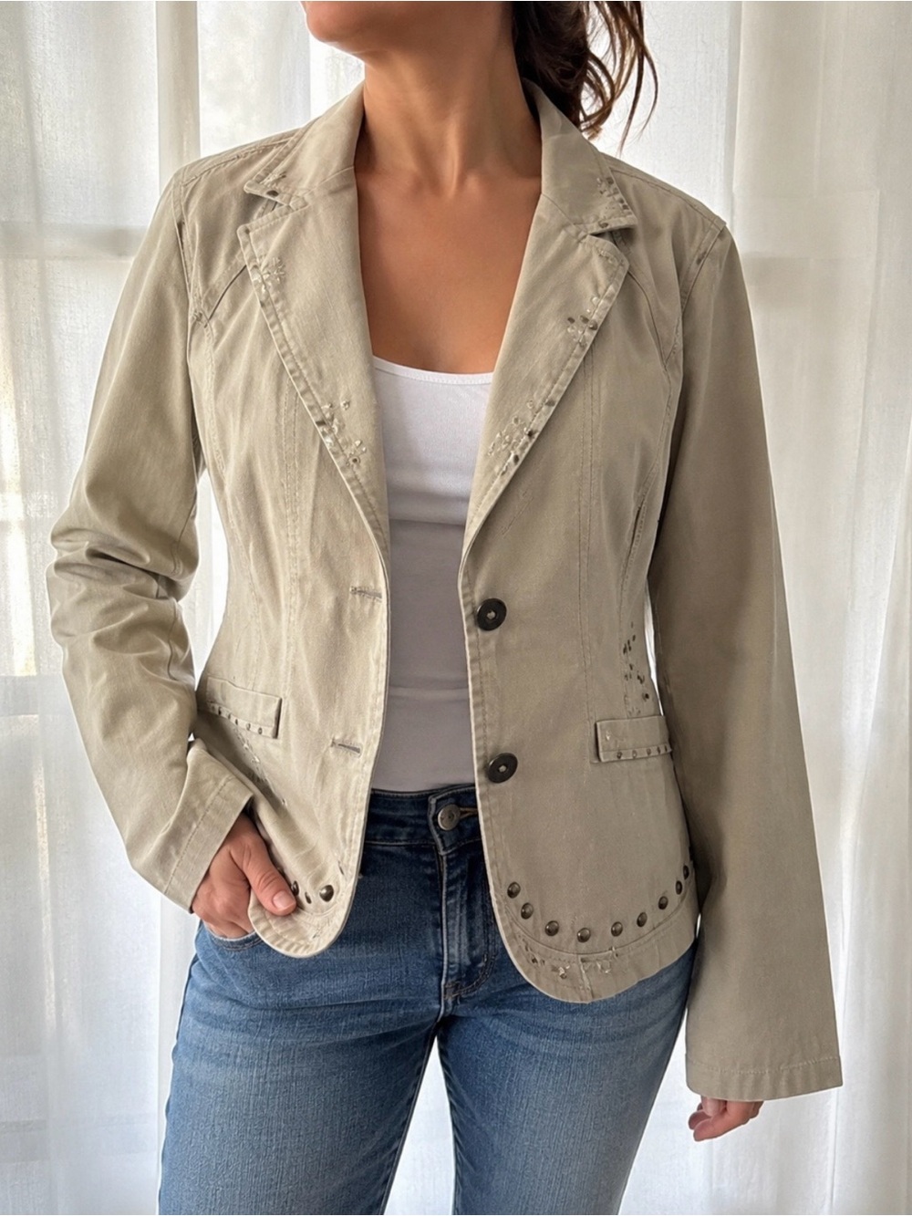 DKNY Jeans Y2K Studded Embellished Military Jacket Boho XL Cotton Beige